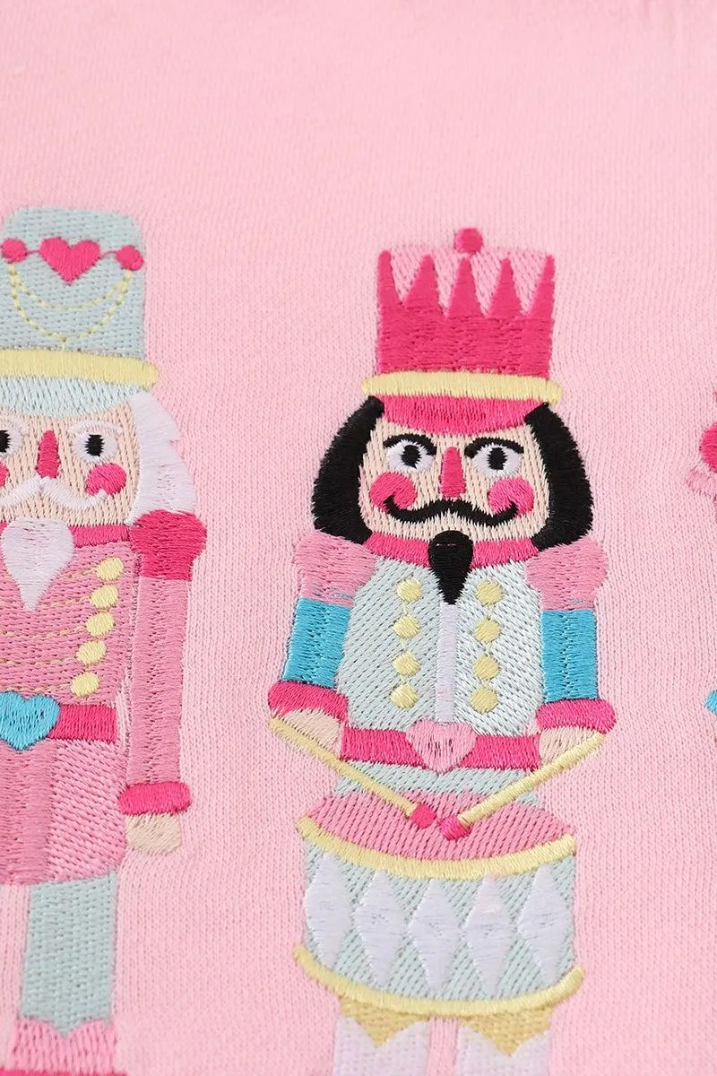 Abby & Evie Women's Boutique Cotton Pink Christmas Nutcracker Fleece Embroidered Embroidery Sweater Sibling And Parent Matching Mommy And Me
