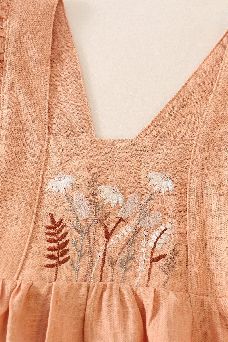 Petal & Pine Girl's Boutique Coral Floral Embroidered Linen Ruffle Strap Bubble Button Romper Matching Sibling