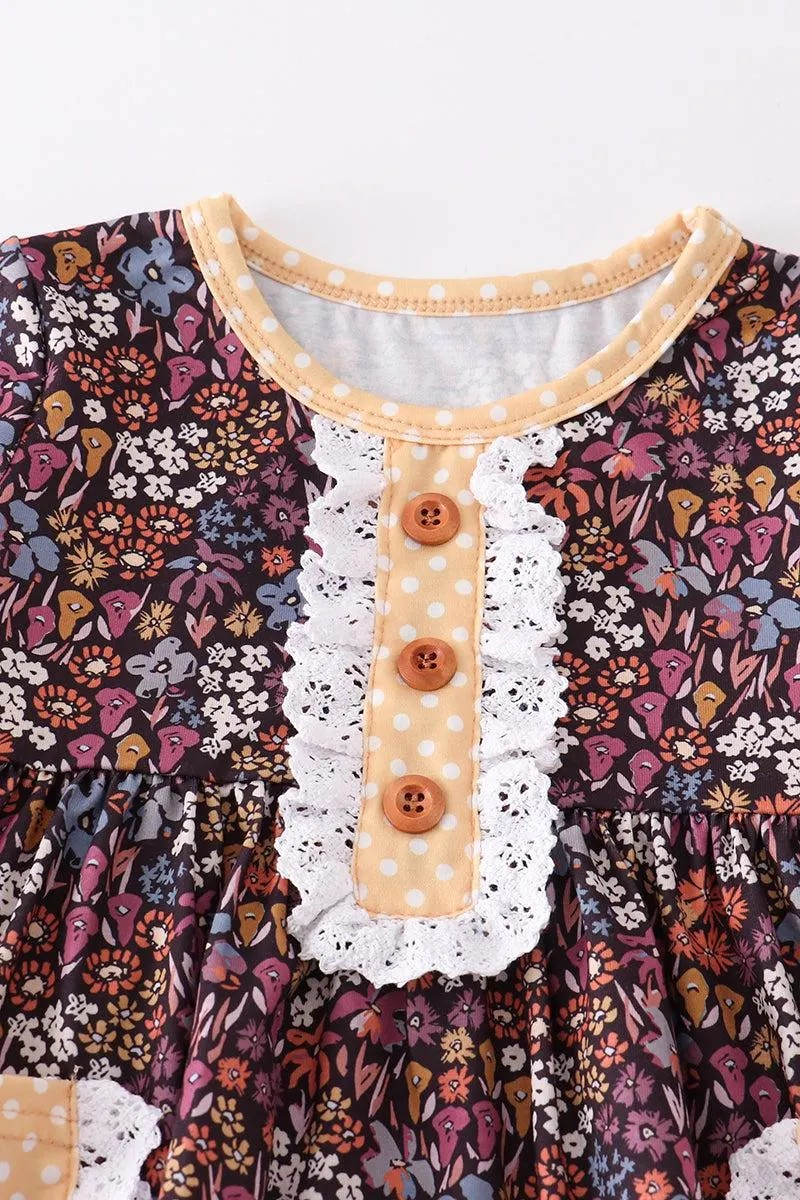 Sassy Soul Honeydew Girl's Boutique Mustard Floral Print Ruffle Girl Set Fall Lace Autumn Pockets