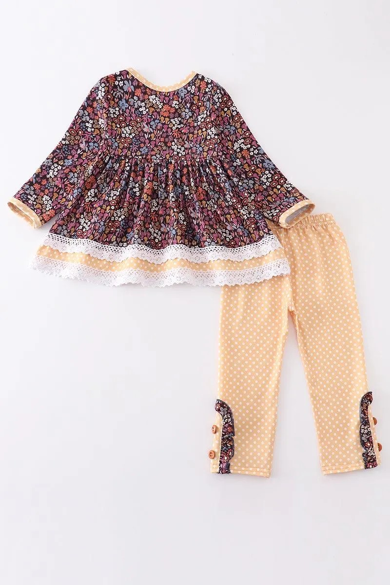 Sassy Soul Honeydew Girl's Boutique Mustard Floral Print Ruffle Girl Set Fall Lace Autumn Pockets