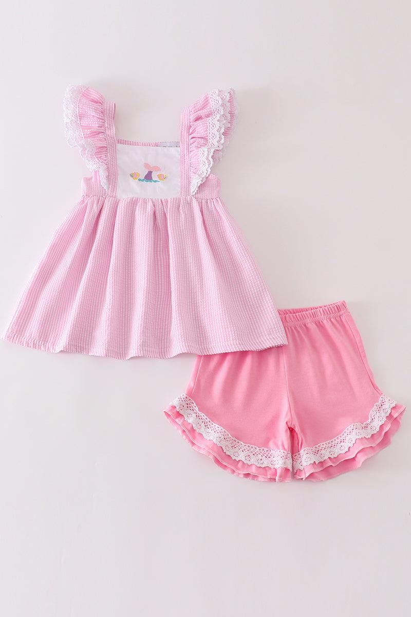 Abby & Evie Girl's Boutique Cotton Pink Seersucker Mermaid Embroidered Ruffle 2 Piece Set Sibling Matching