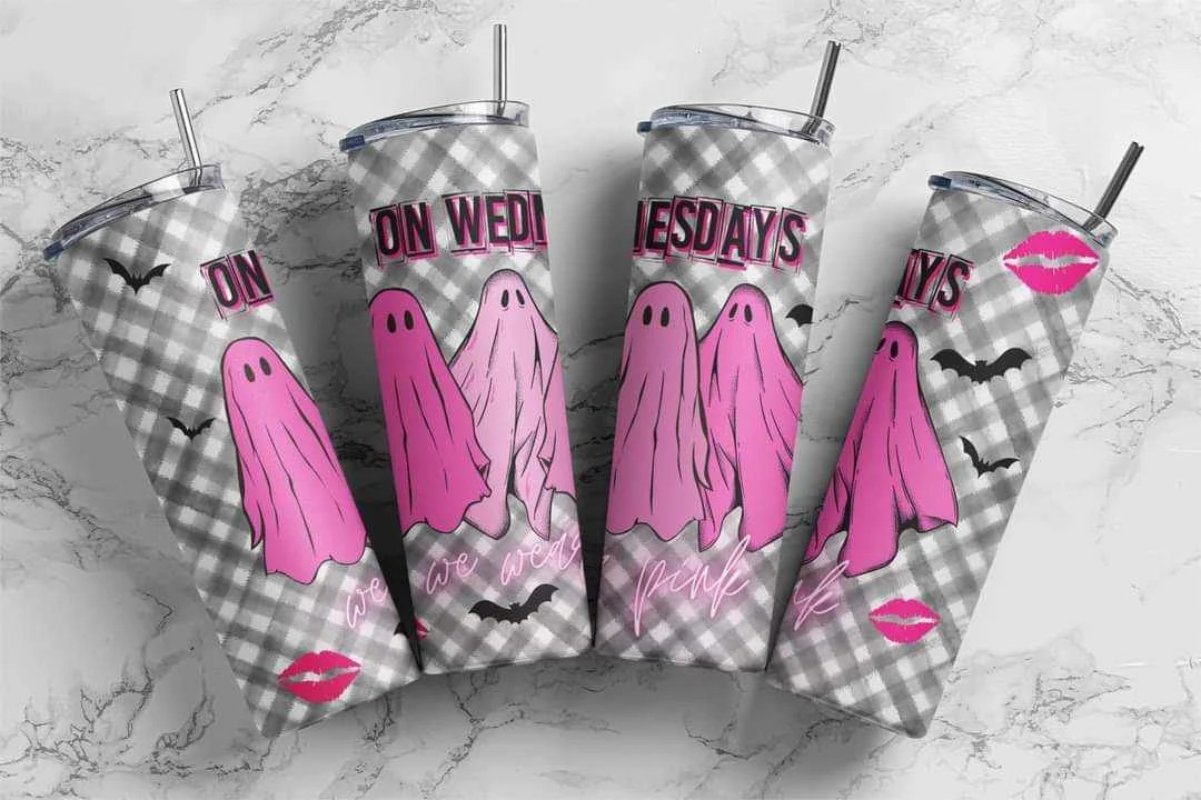Gray Halloween Ghosts On Wednesday We Wear Pink Stainless Steel Tumbler