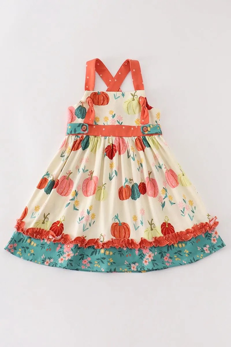 Cotton Castle Girl's Boutique Platinum Pumpkin Print Ruffle Apron Dress Autumn Thanksgiving