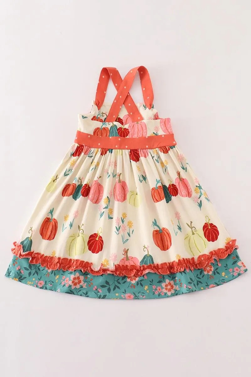 Cotton Castle Girl's Boutique Platinum Pumpkin Print Ruffle Apron Dress Autumn Thanksgiving