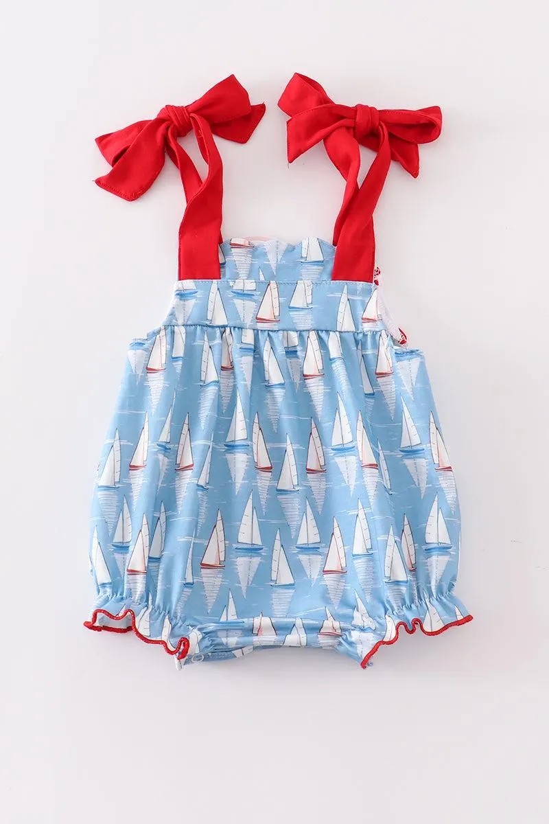 Abby & Evie Girl's Boutique Cotton Blue Sailboat Embroidered Summer Bubble Romper Dress Matching Sibling