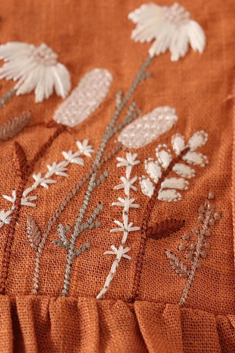 Petal & Pine Girl's Boutique Caramel Floral Embroidered Linen Ruffle Strap Bubble Button Romper Matching Sibling