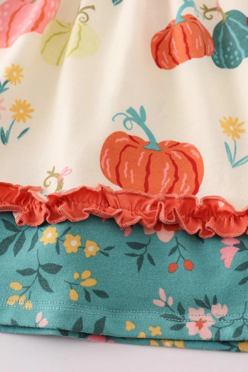 Cotton Castle Girl's Boutique Platinum Pumpkin Print Ruffle Apron Dress Autumn Thanksgiving