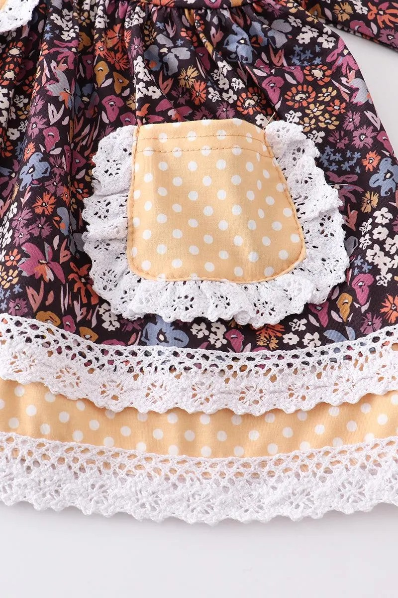 Sassy Soul Honeydew Girl's Boutique Mustard Floral Print Ruffle Girl Set Fall Lace Autumn Pockets