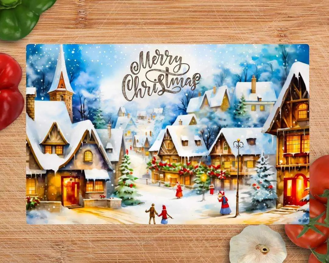 Merry Christmas Snow Village Holiday Glass Cutting Board
