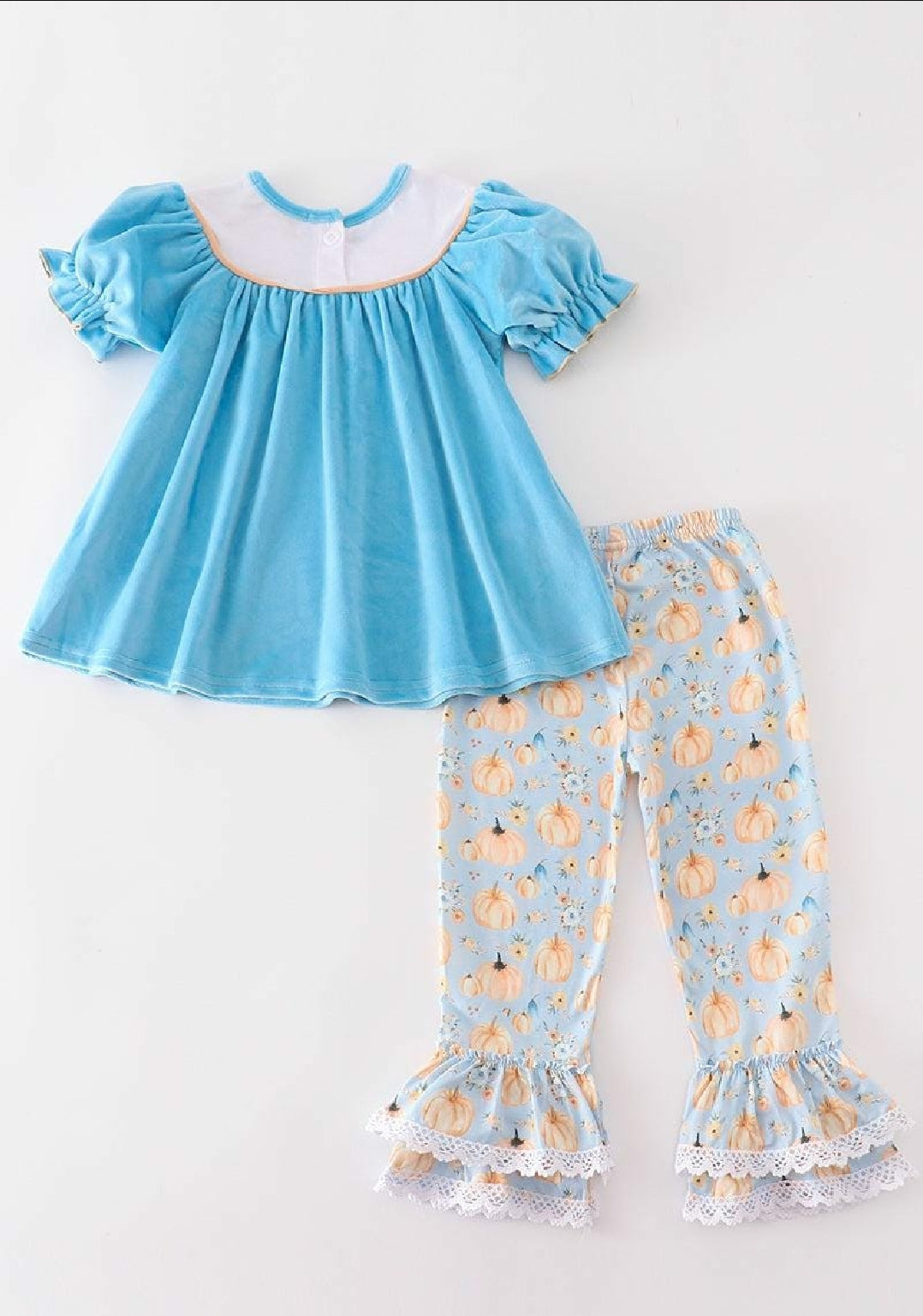 Girl's Boutique Blue Velvet Pumpkin Embroidered Embroidery Ruffle Floral Fall Pant 2 Piece Set Sibling Matching Thanksgiving