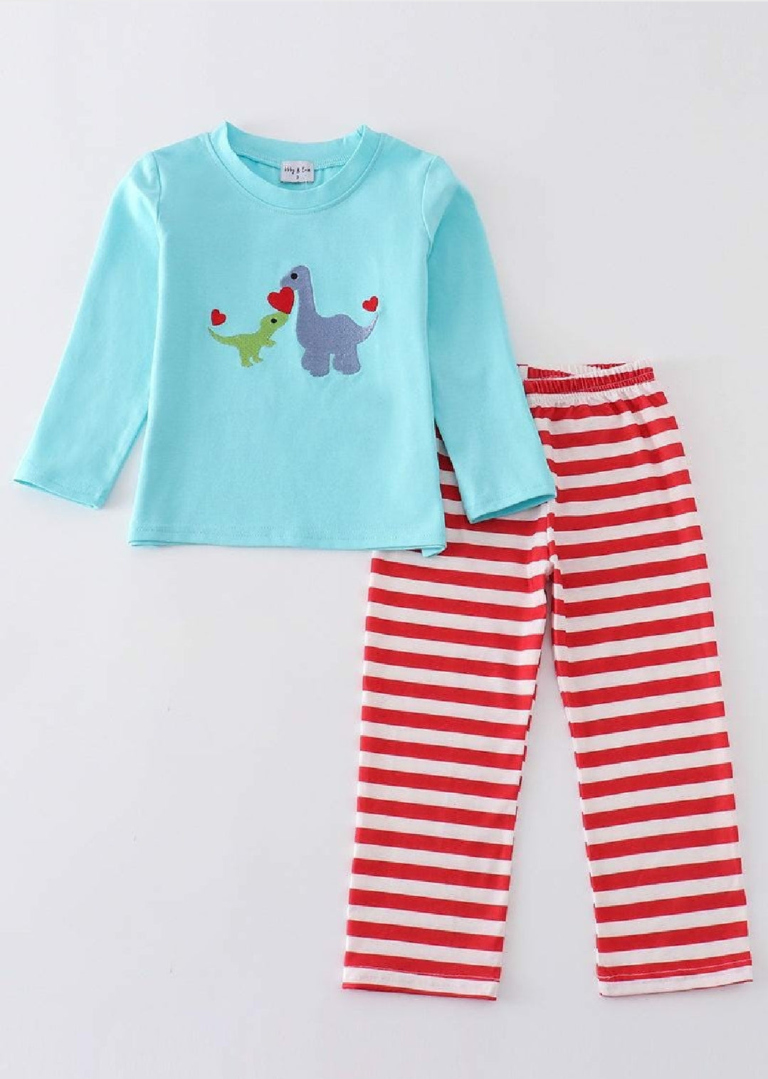 Boy's Boutique Blue Valentine's Day Dinosaur Heart Embroidery Embroidered 2 Piece Pant Set Outfit Matching Sibling