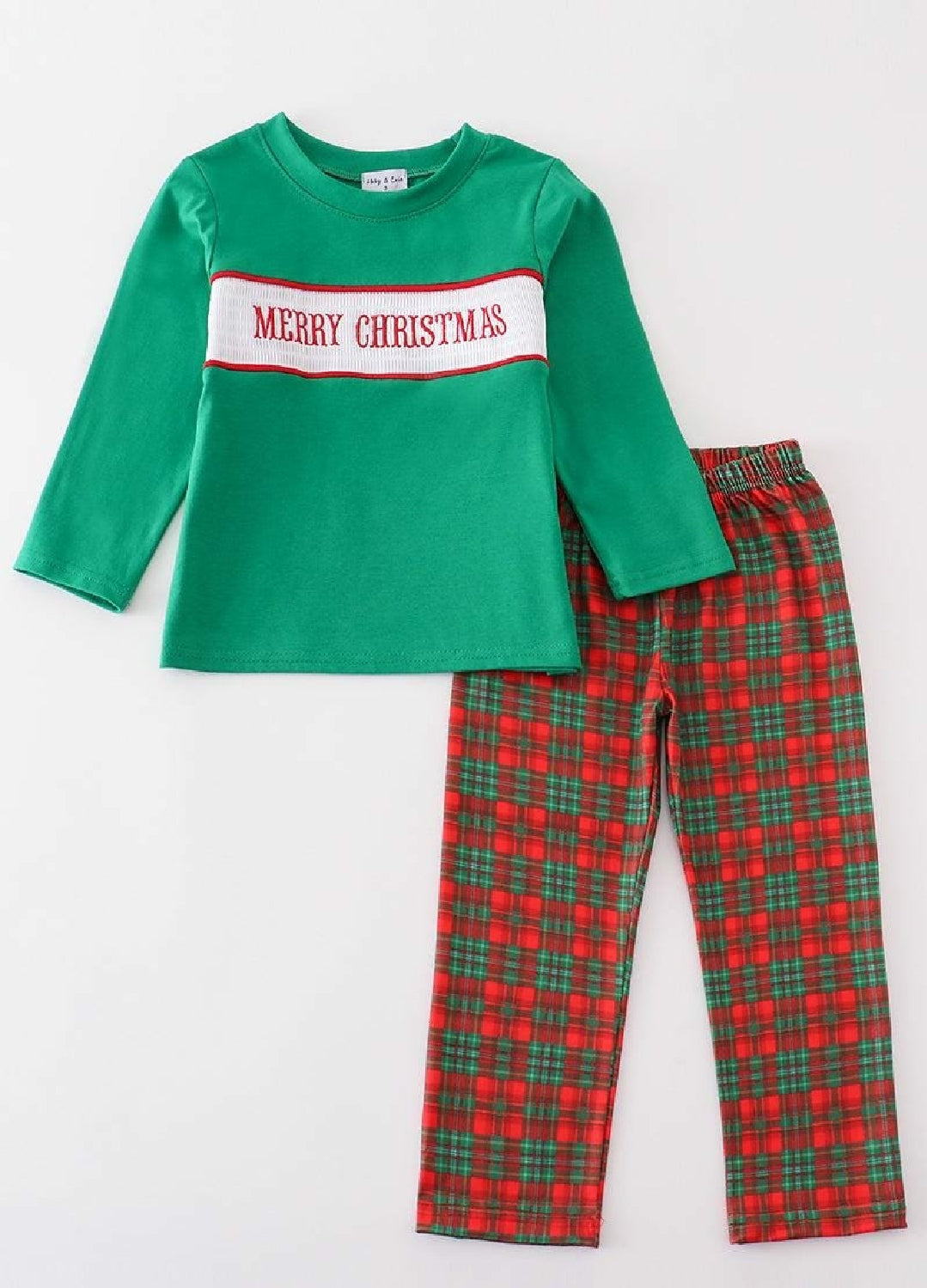 Boy's Boutique Christmas Green And Red Plaid Embroidery Embroidered Two Piece Pant Set Outfit Matching Sibling