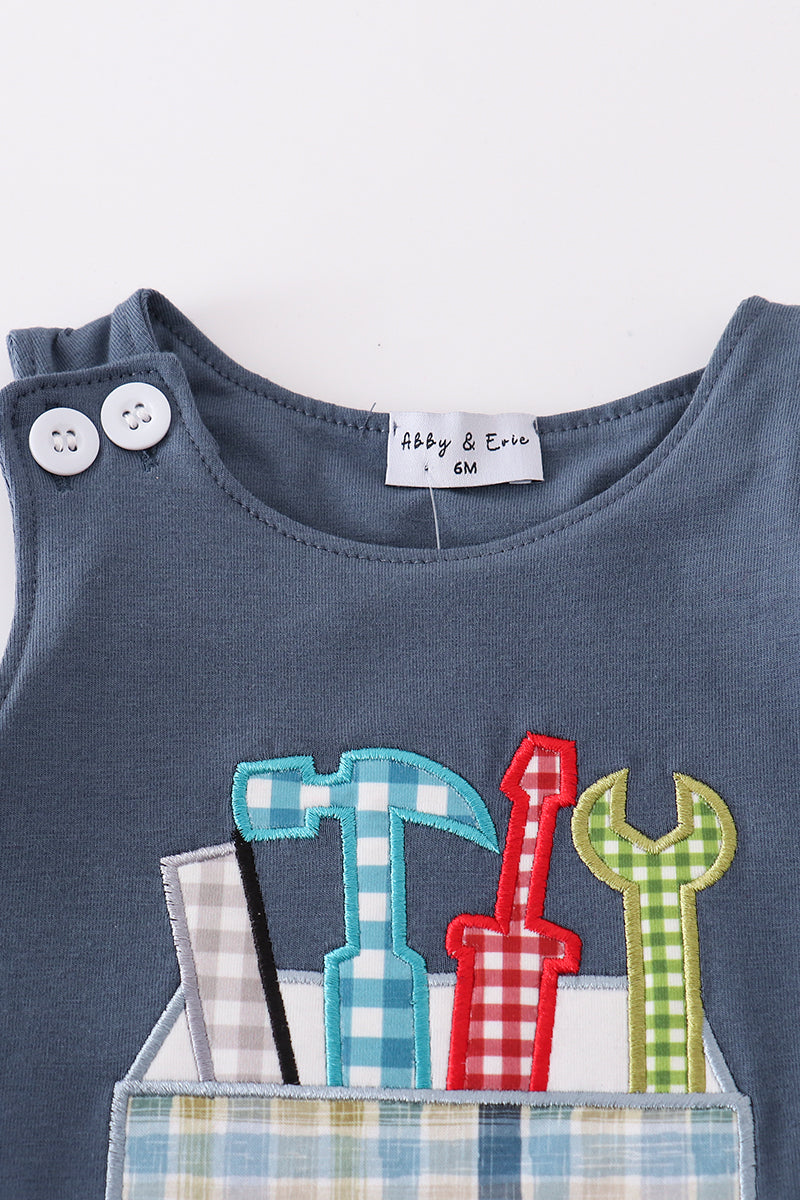 Boy's Boutique Blue Tool Box Applique Embroidered Embroidery 2 Piece Outfit Set Matching Sibling