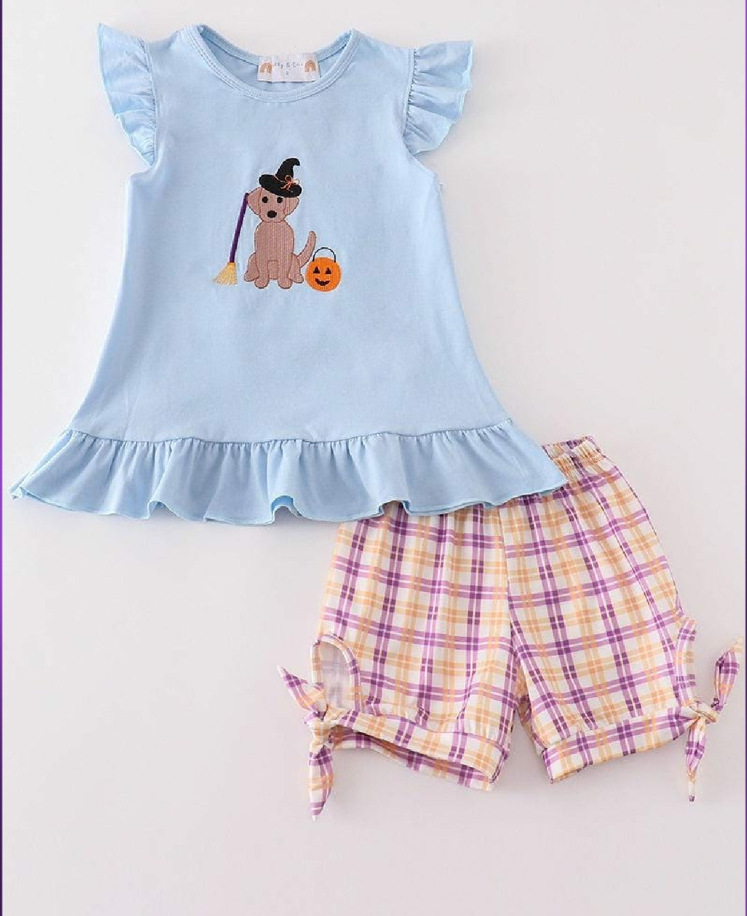 Girl's Boutique Blue Halloween Witch Dog Embroidered Embroidery Shorts Girl Set Matching Sibling