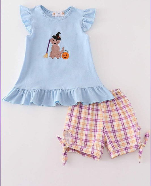 Girl's Boutique Blue Halloween Witch Dog Embroidered Embroidery Shorts Girl Set Matching Sibling