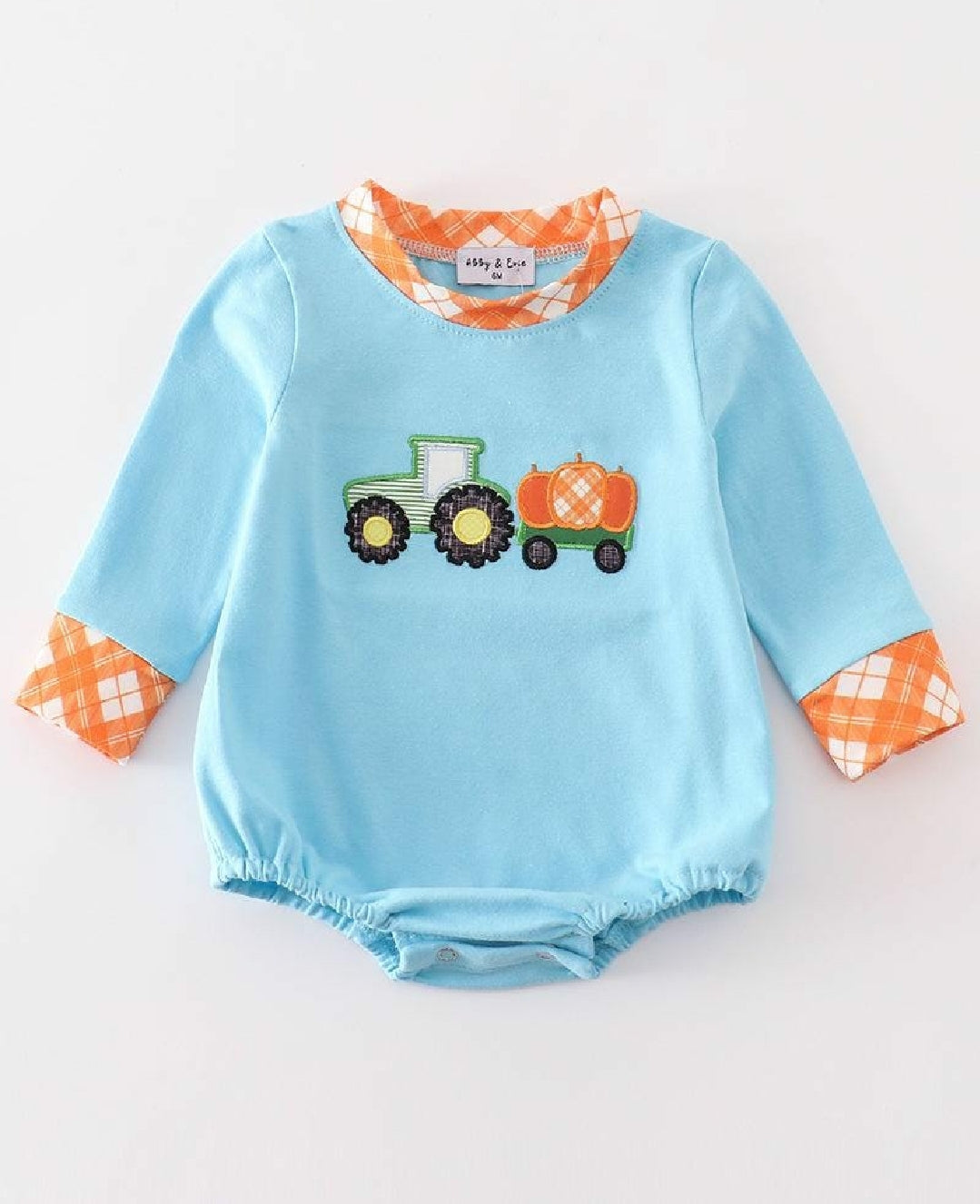 Boy's Boutique Blue Pumpkin Tractor Applique Embroidered Embroidery Thanksgiving Fall Romper Outfit Matching Sibling