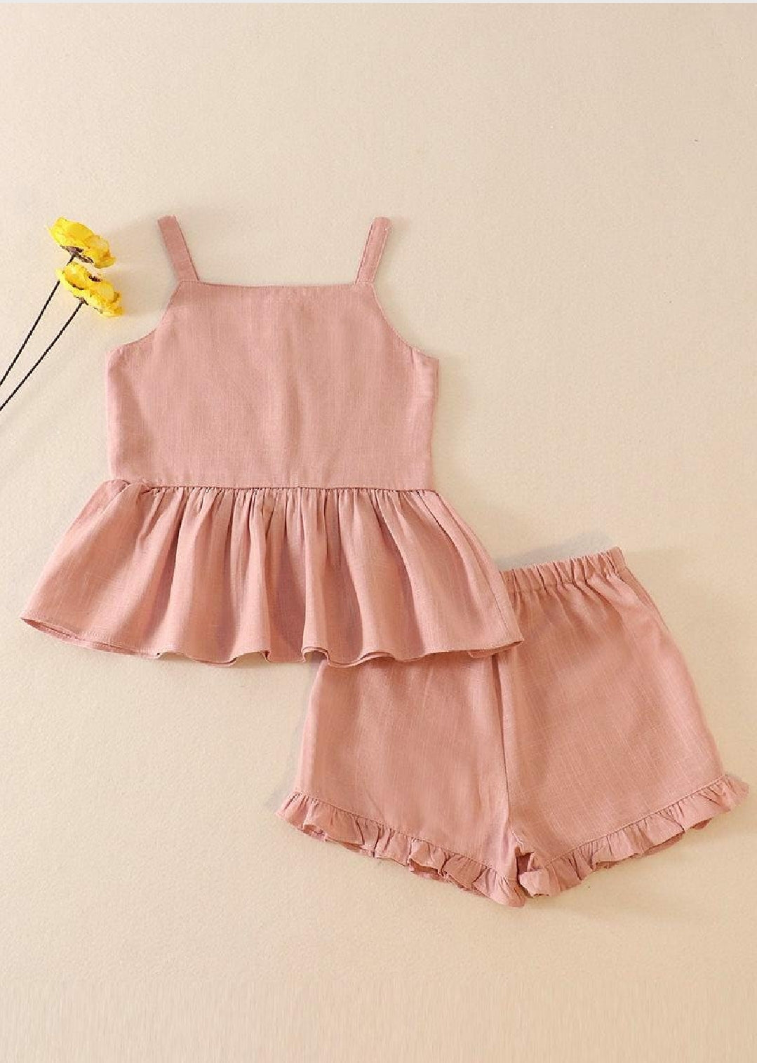 Girl's Boutique Blush Pink Linen Ruffle 2 Two Piece Summer Outfit Set Matching Sibling