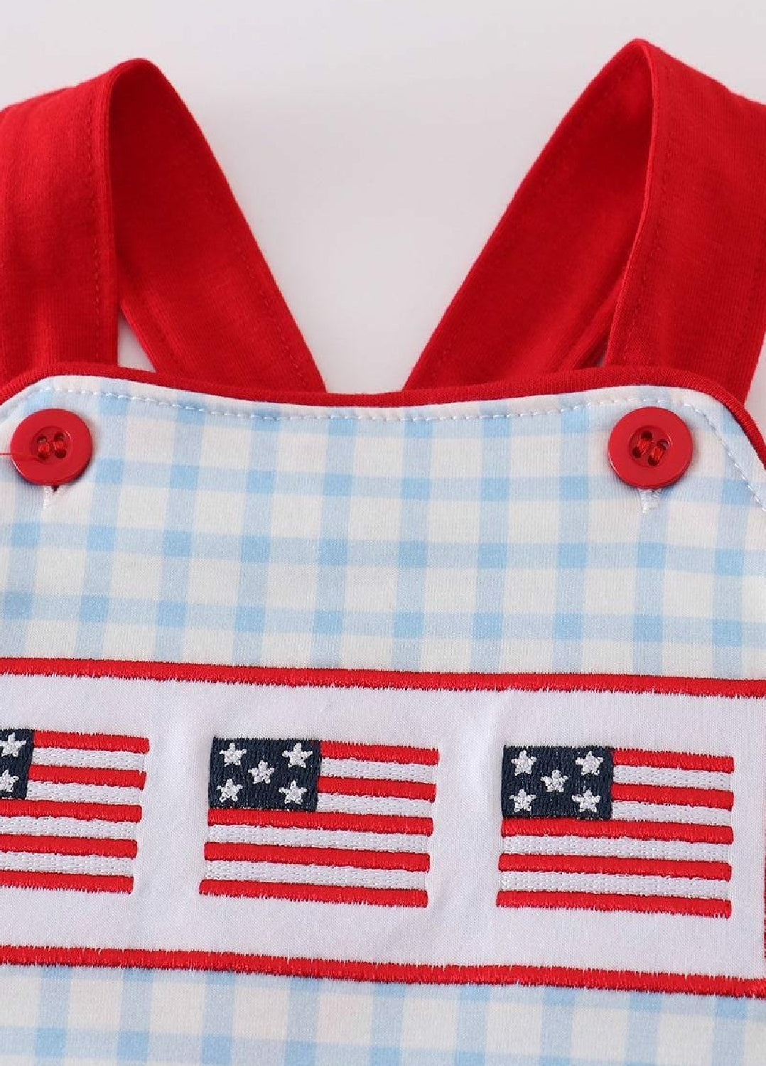 Boy's Boutique Blue Gingham Flag Patriotic 4th Of July Embroidered Jon Jon Romper Matching Sibling