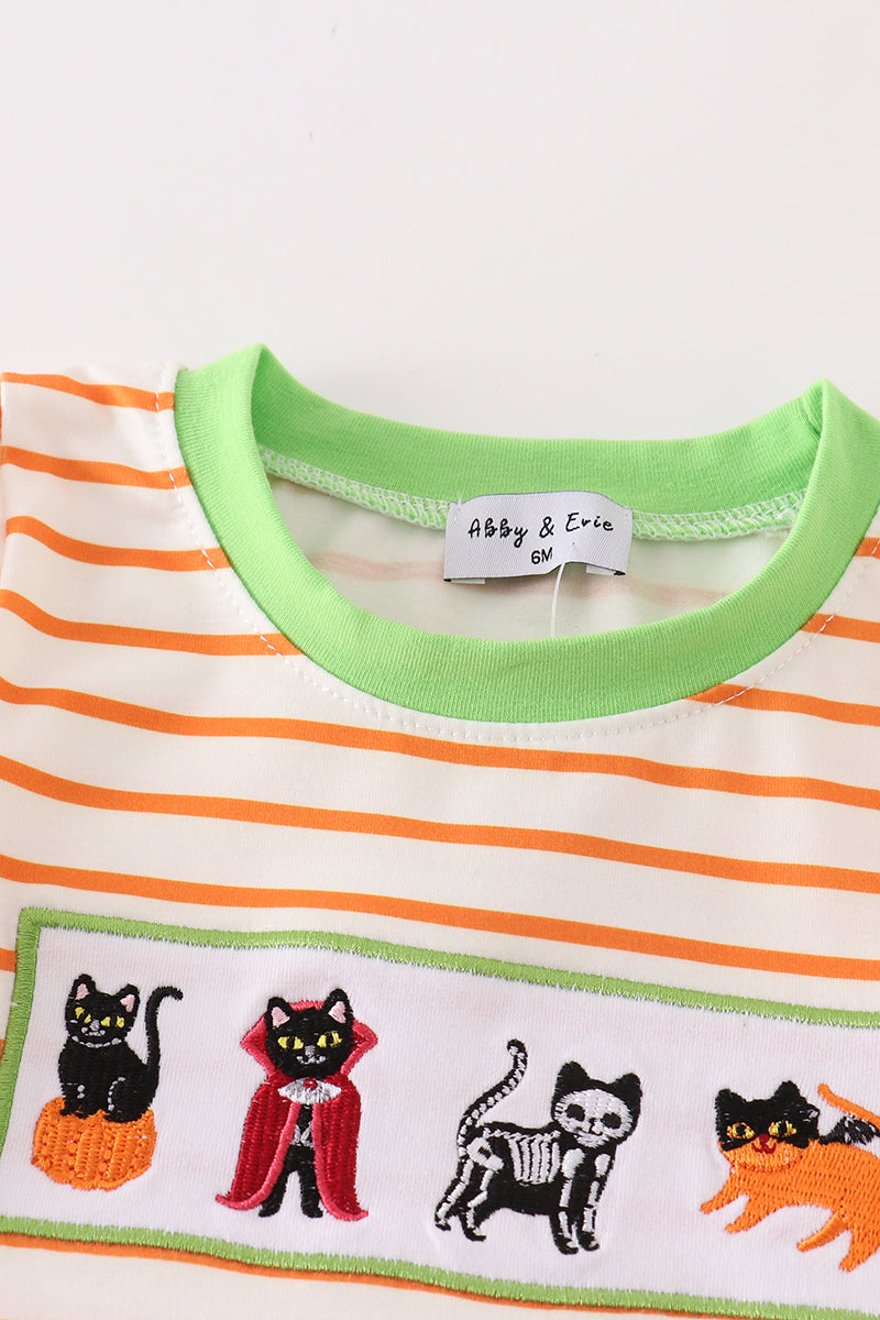 Boy's Boutique Orange And Green Cat Halloween Striped Romper Sibling Matching Size 3M