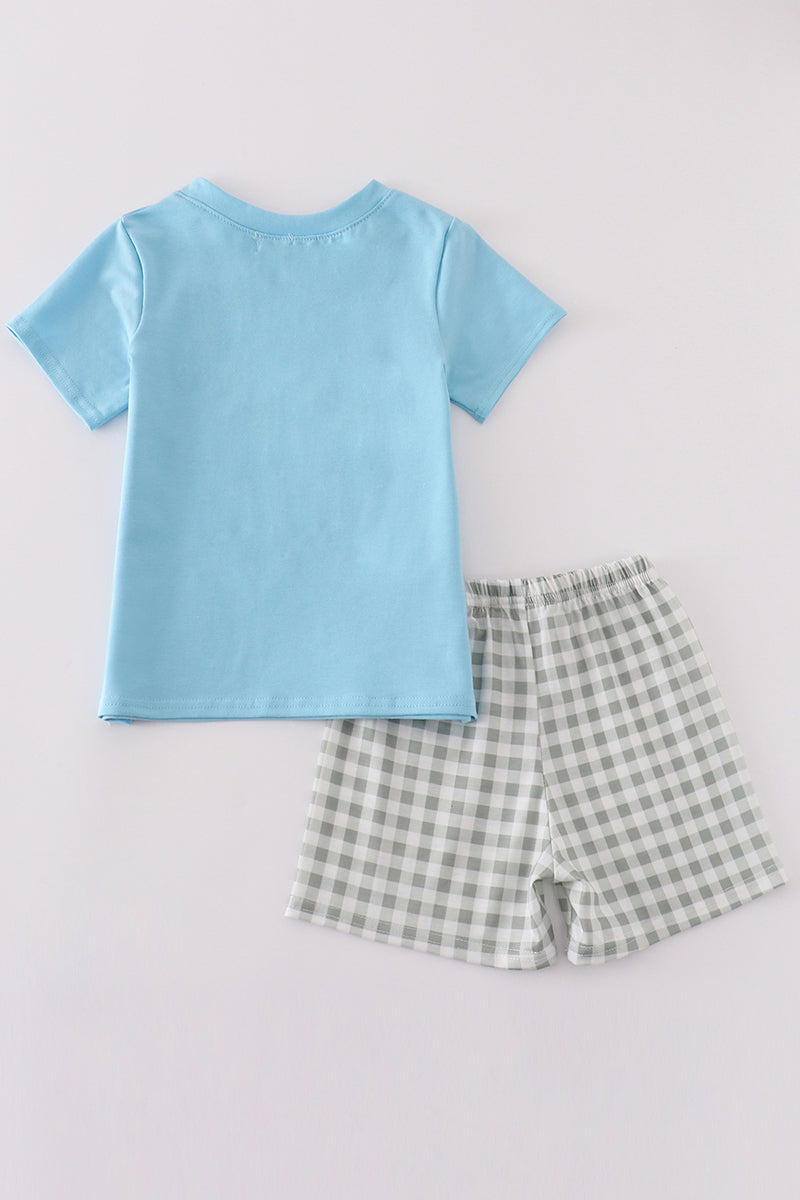 Boy's Boutique Green Blue Easter Cross French Knot Embroidered Embroidery Gingham 2 Piece Outfit Set Matching Sibling