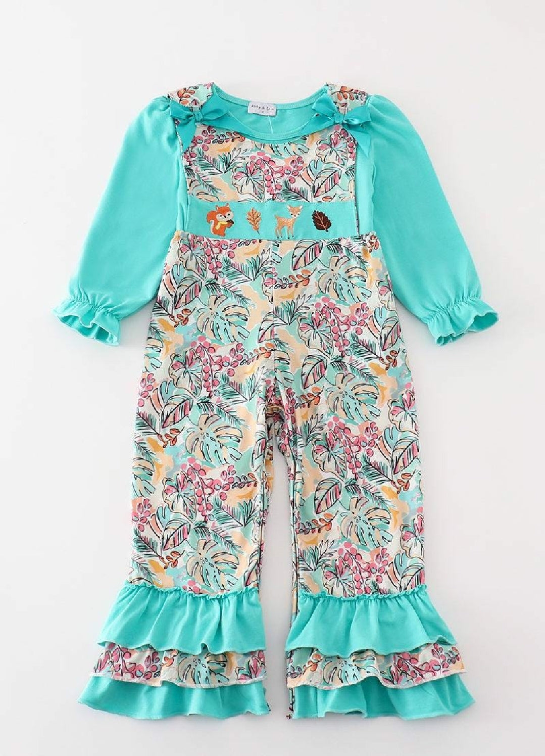 Girl's Boutique Teal Floral Print Forest Animal Embroidered Embroidery Baby Toddler 2PC Jumpsuit Set Matching Sibling