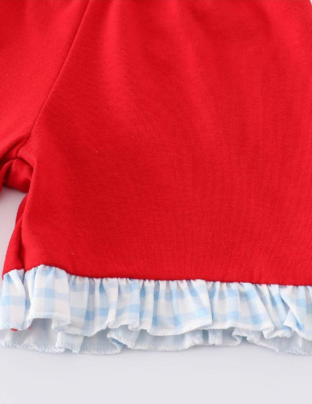 Girl's Boutique Patriotic Checkered Flag Red And Blue 2 Piece Short Set Embroidery Embroidered 4th of July Sibling Matching
