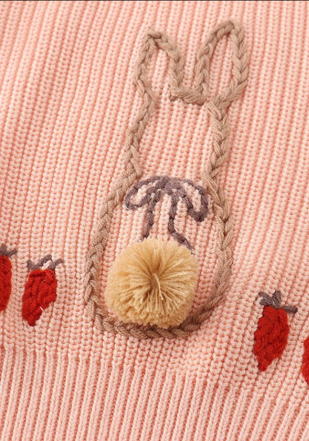 Girl's Boutique Coral Easter Hand-Embroided Handmade Hand-Embroidery Bunny Poof Pullover Sweater Matching Sibling