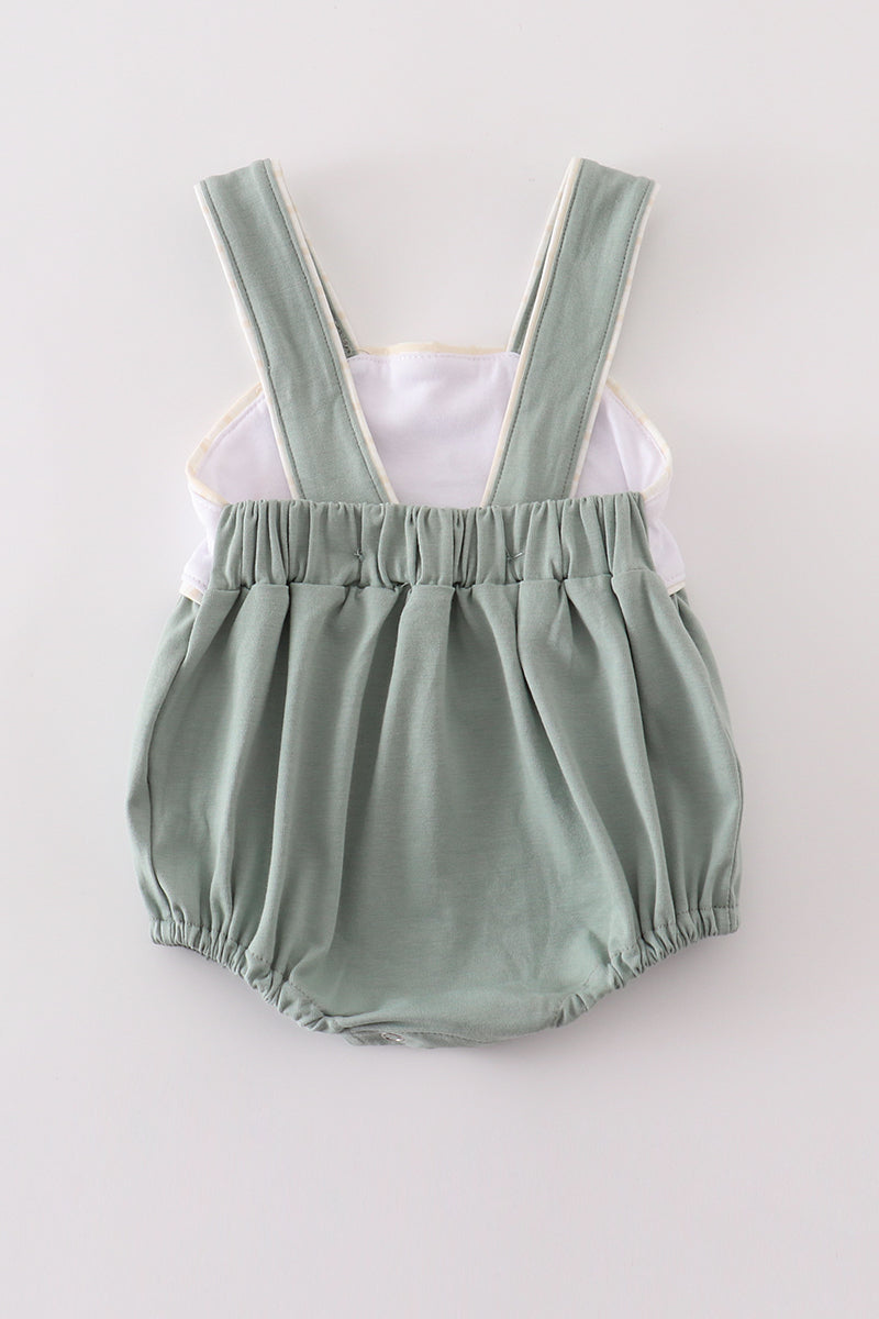 Boy's And Girl's Unisex Boutique Green Pumpkin Embroidered Embroidery Thanksgiving Fall Romper Outfit Matching Sibling Size 6M