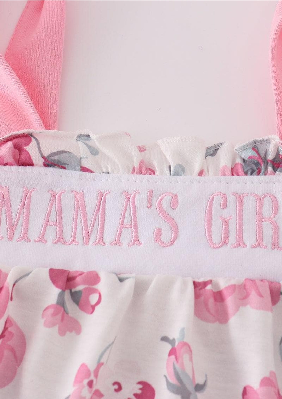 Girl's Boutique Pink Floral MAMA'S GIRL Embroidered Embroidery Bubble Romper Matching Sibling