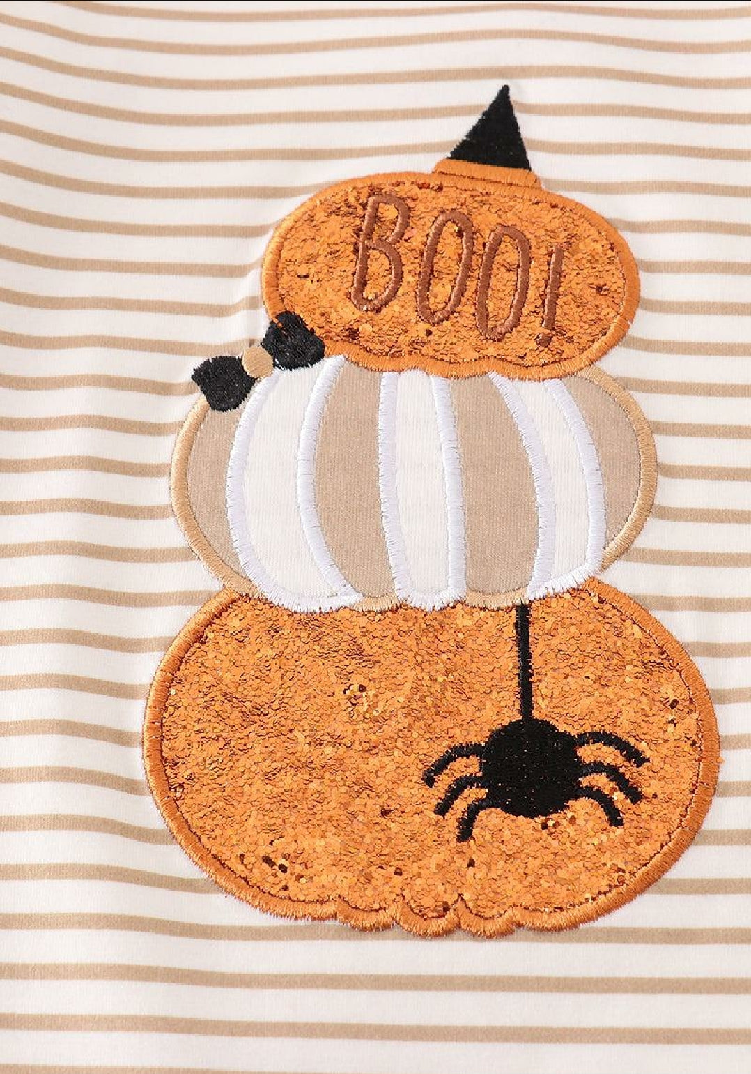 Girl's Boutique Cotton Halloween Pumpkin Khaki Stripe Applique Embroidered Boo Spider Romper Sibling Matching