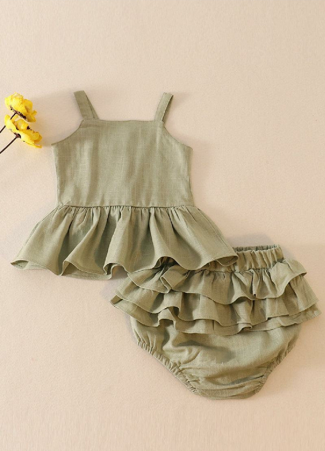 Girl's Boutique Sage Green Linen Ruffle 2 Two Piece Ruffle Summer Outfit Set Matching Sibling