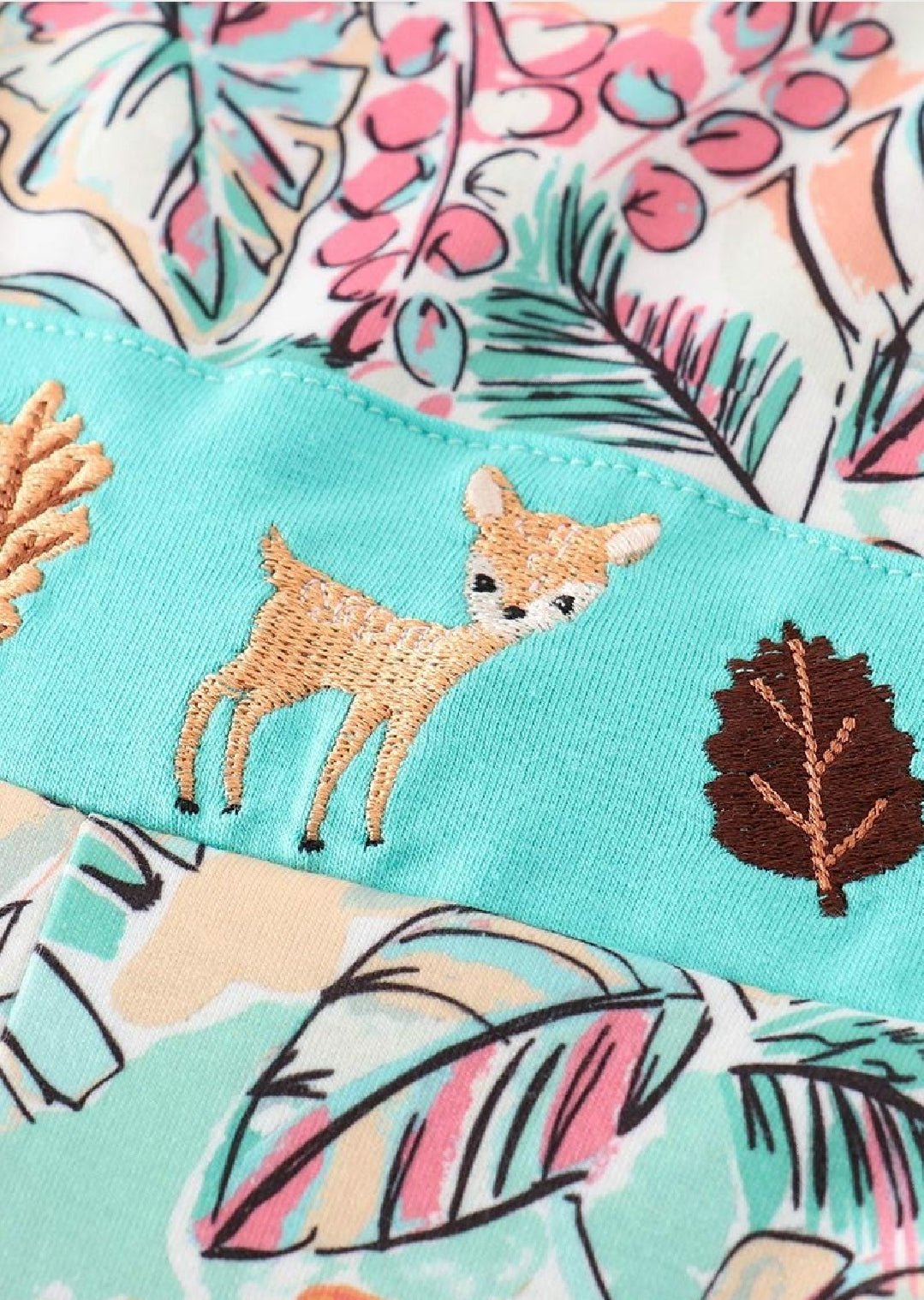 Girl's Boutique Teal Floral Print Forest Animal Embroidered Embroidery Baby Toddler 2PC Jumpsuit Set Matching Sibling