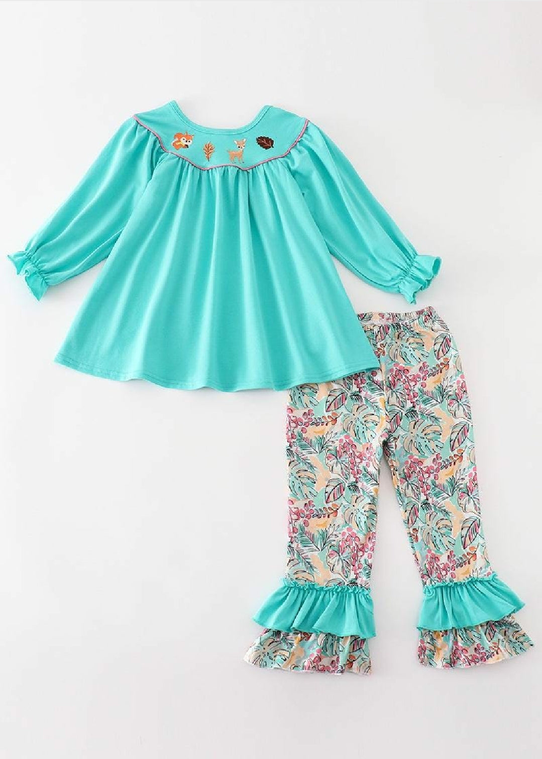 Girl's Boutique Teal Floral Print Forest Animal Embroidered Embroidery Baby Toddler 2PC Set Matching Sibling