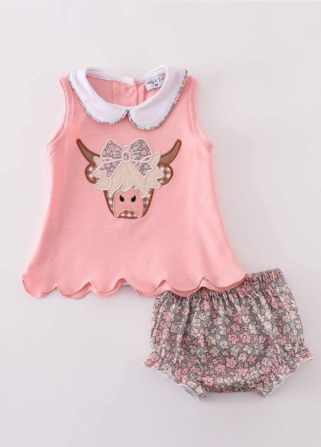 Girl's Boutique Pink Highland Cow Applique Embroidered Embroidery Bloomer Set Outfit Matching Sibling