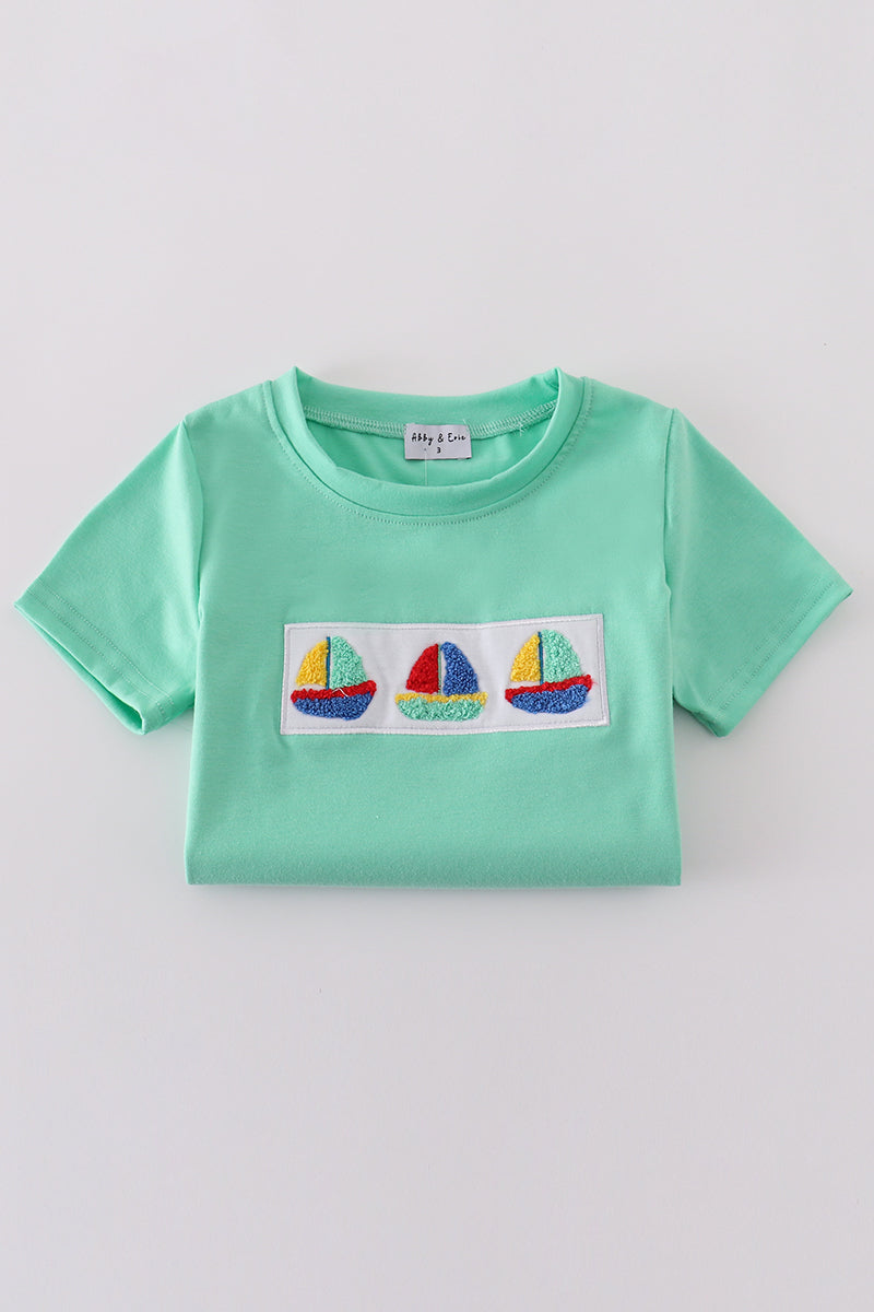 Boy's Boutique Green Sailboat French Knot Shirt Shorts 2 Piece Set Sibling Matching Summer Cruise Trip