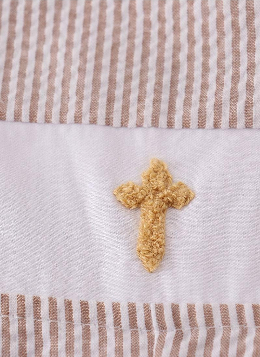 Boy's Boutique Premium White Stripe Easter Cross Brown Embroidered Bubble Romper Outfit Matching Sibling