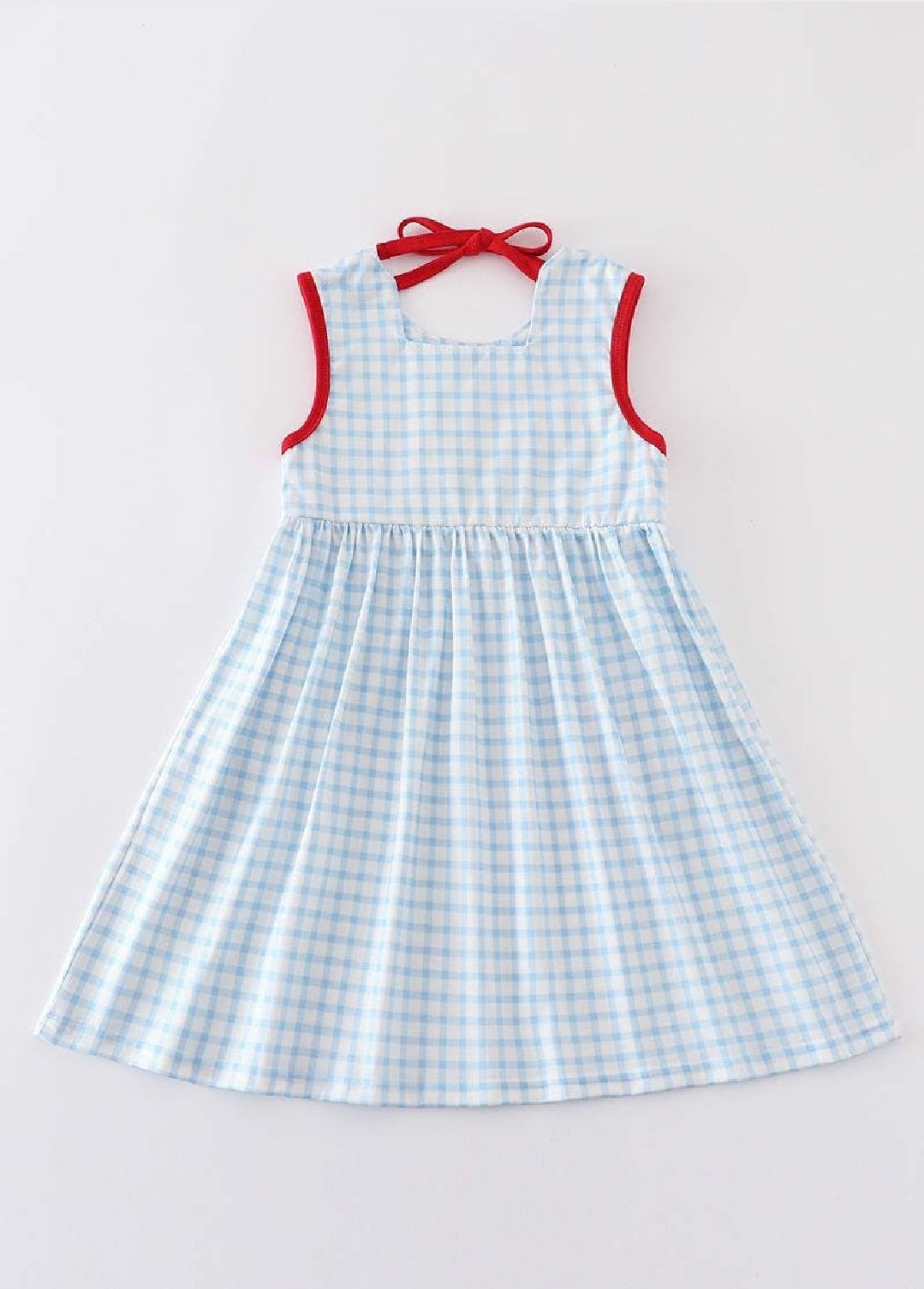 Girl's Boutique Patriotic Checkered Flag Red And Blue Pocket Dress Embroidery Embroidered 4th of July Sibling Matching