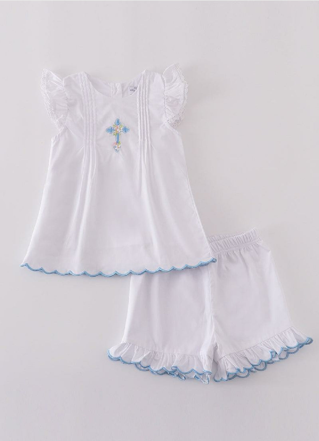 Girl's Boutique Premium White Blue Easter Cross Two Piece Short Set Outfit Sibling Matching Embroidered Embroidery