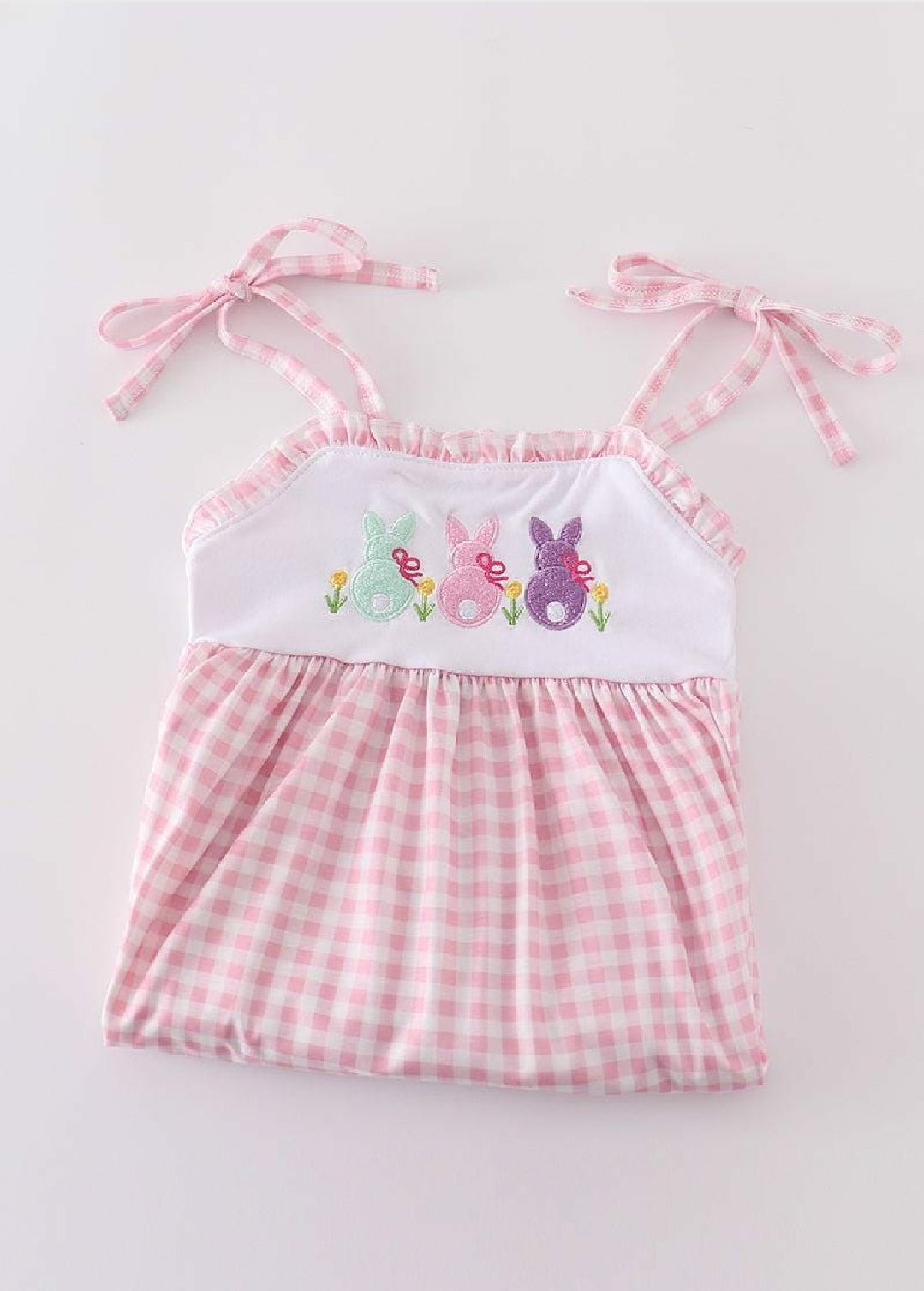 Girl's Boutique Pink Bunny Gingham Dress Sibling Matching Embroidered Embroidery