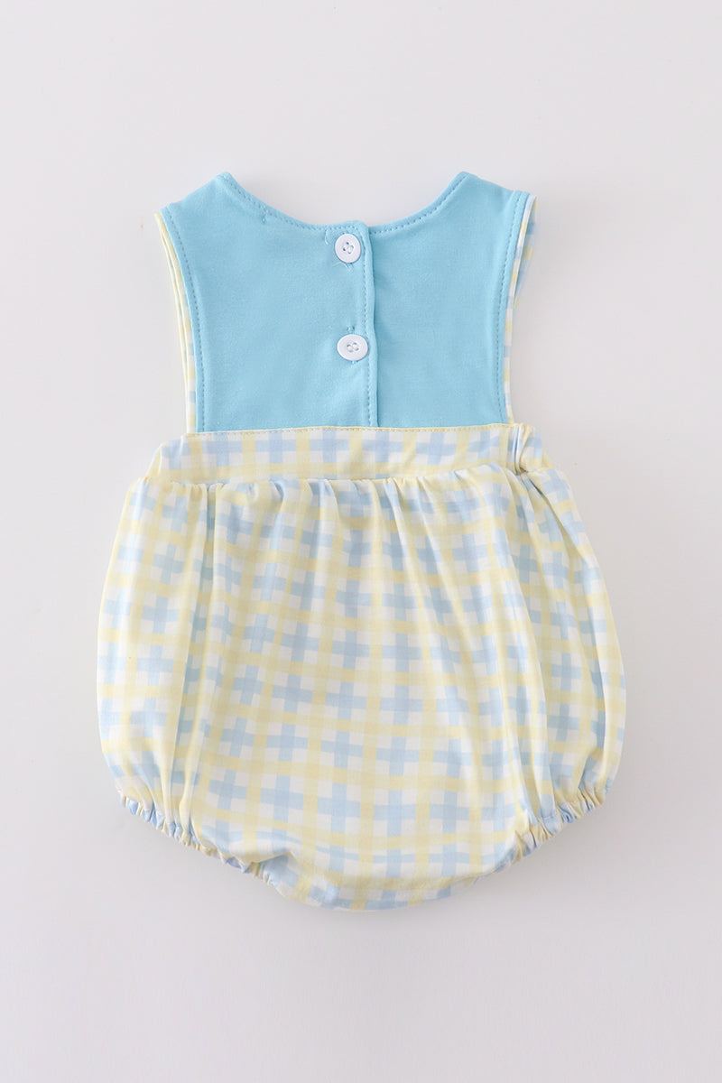 Boy's Boutique Blue And Yellow Easter He Is Risen Applique Checkered Embroidered Embroidery Romper Outfit Matching Sibling