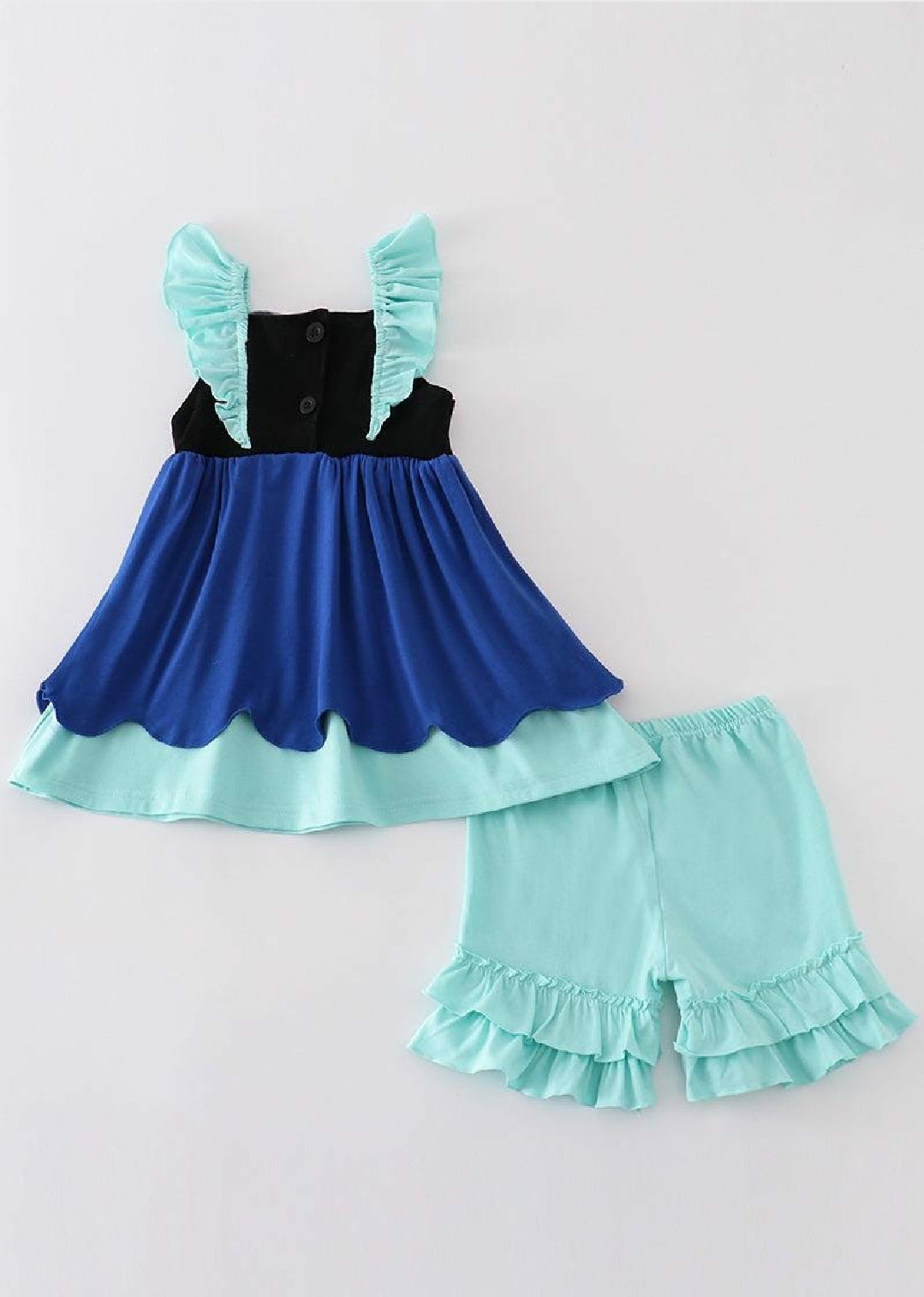 Girl's Boutique Green Navy Blue Aqua Floral Flower Two Piece Set Sibling Matching