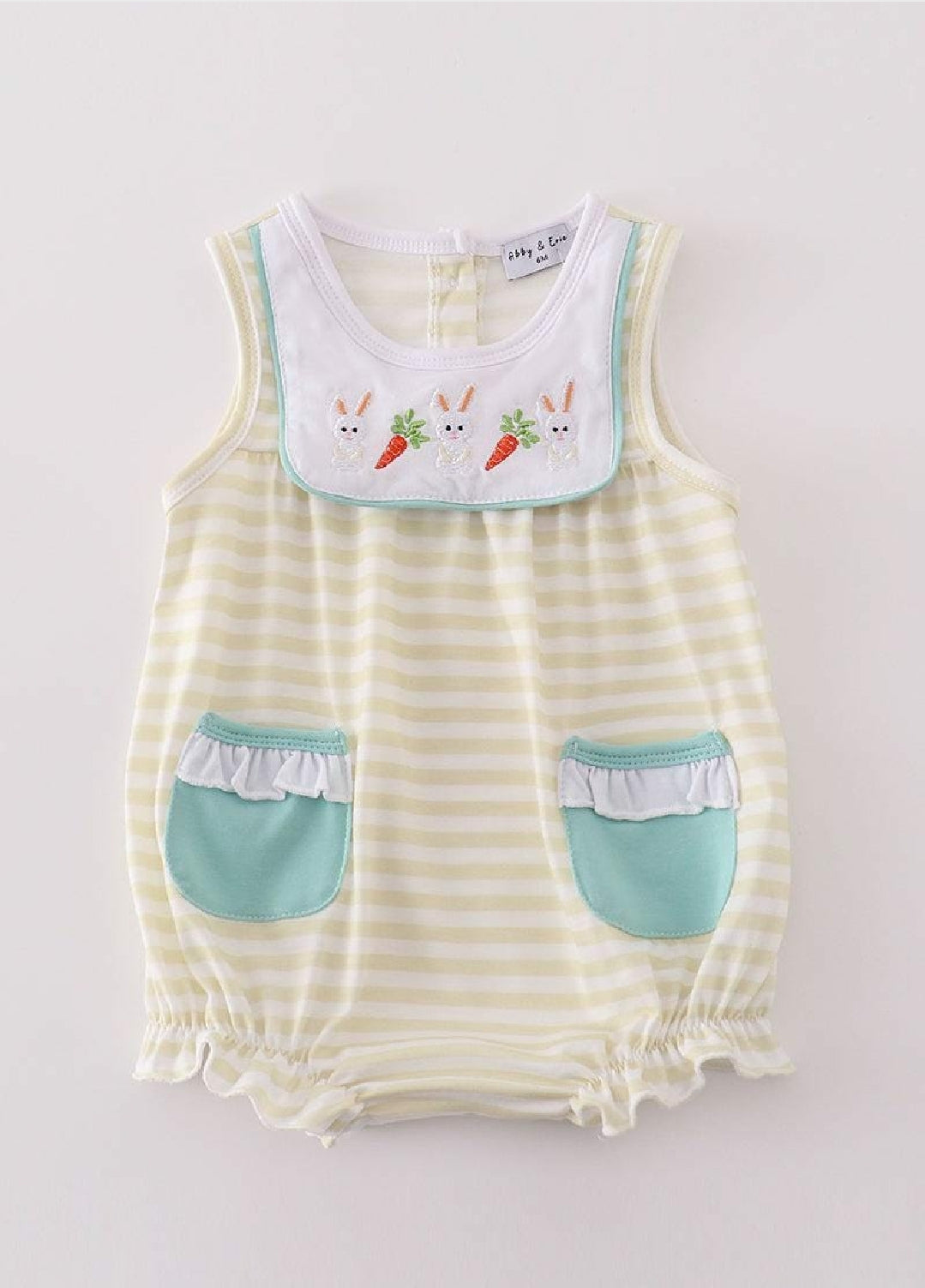 Girl's Boutique Yellow Bunny Embroidery Stripe Embroidered Romper Outfit Matching Sibling