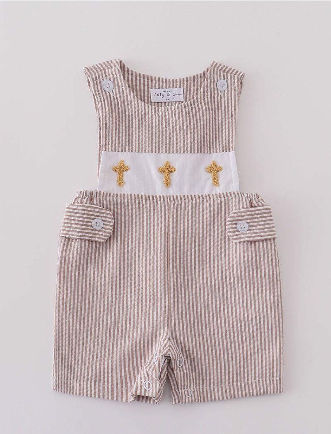 Boy's Boutique Premium White Stripe Easter Cross Brown Embroidered Bubble Romper Outfit Matching Sibling