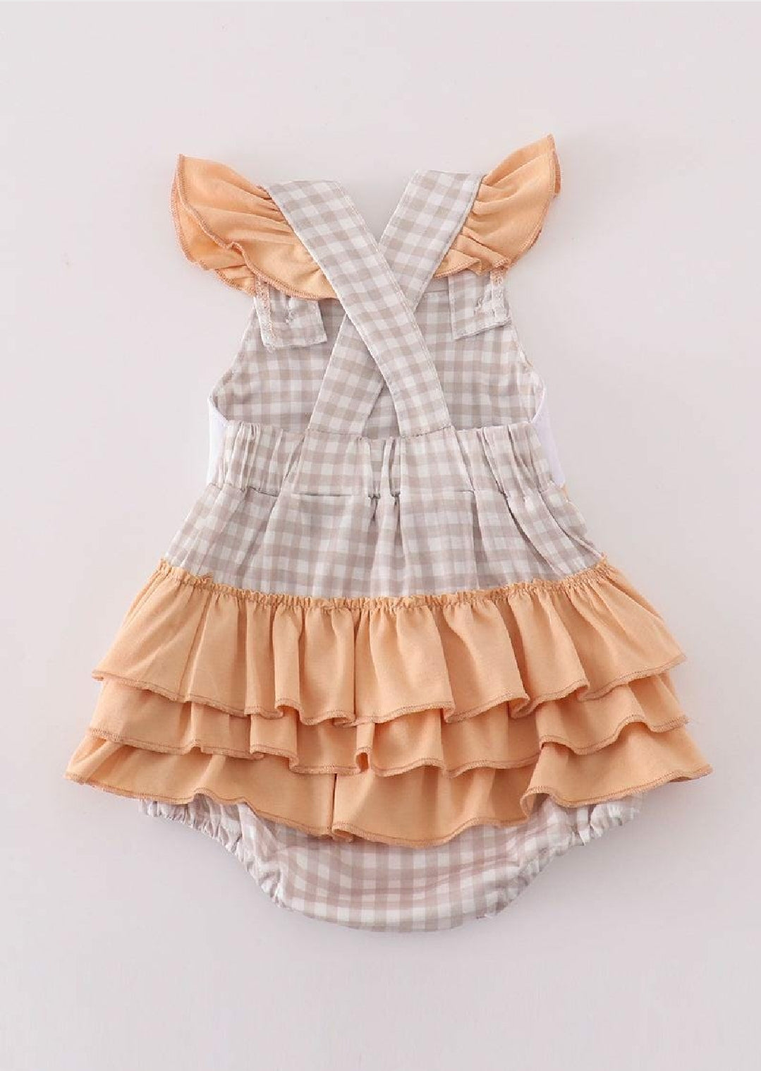 Girl's Boutique Easter Tan Bunny Bunnies Applique Embroidered Embroidery Ruffle Romper Outfit Matching Sibling