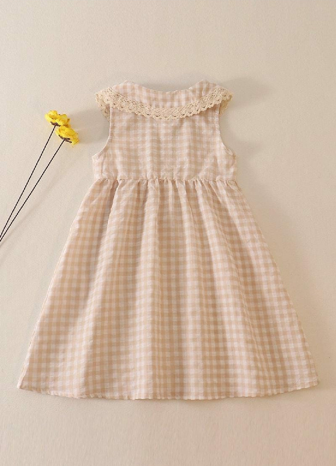 Girl's Boutique Cream Plaid Linen Button Down Checkered Lace Picnic Dress Matching Sibling