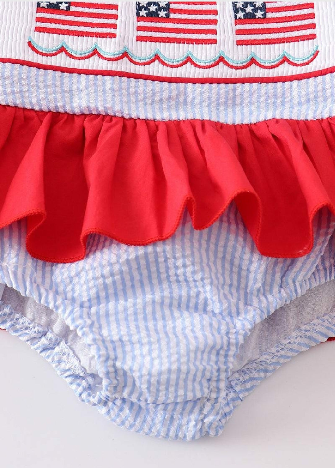Girl's Boutique Seersucker Patriotic Flag Waves Embroidered Embroidery 4th Of July One Piece Swimsuit Matching Sibling