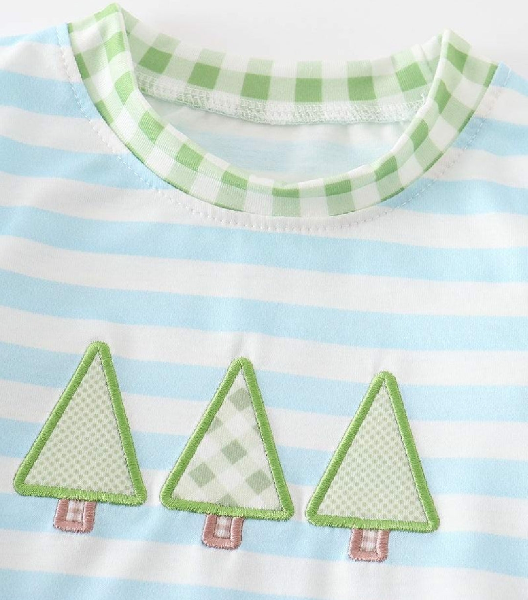 Boy's Boutique Blue Striped Christmas Tree Embroidered Embroidery Bubble Romper Outfit Sibling Matching