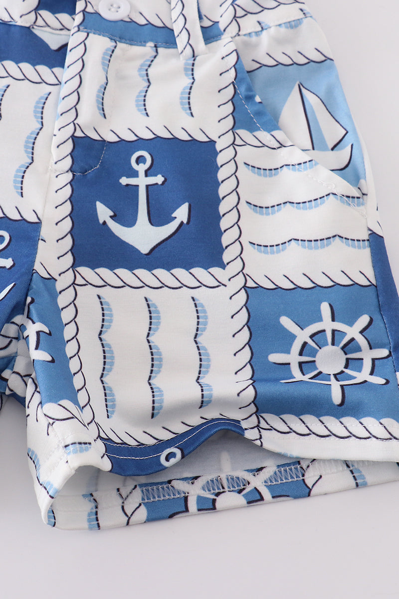 Abby & Evie Boy's Boutique Blue Sailboat Checkered Pocket Button Shirt Shorts 2 Piece Set Sibling Matching Summer Cruise Trip