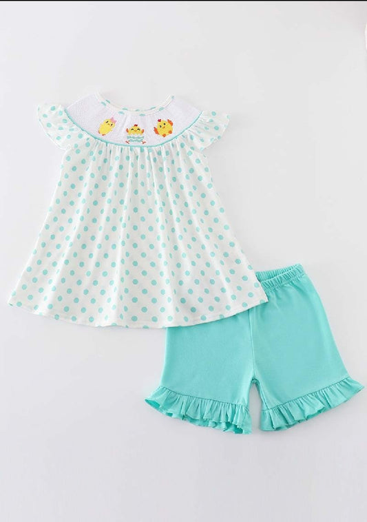 Girl's Boutique Easter Dot Chick Egg Smocked Two Piece Short Set Outfit Sibling Matching Embroidered Embroidery