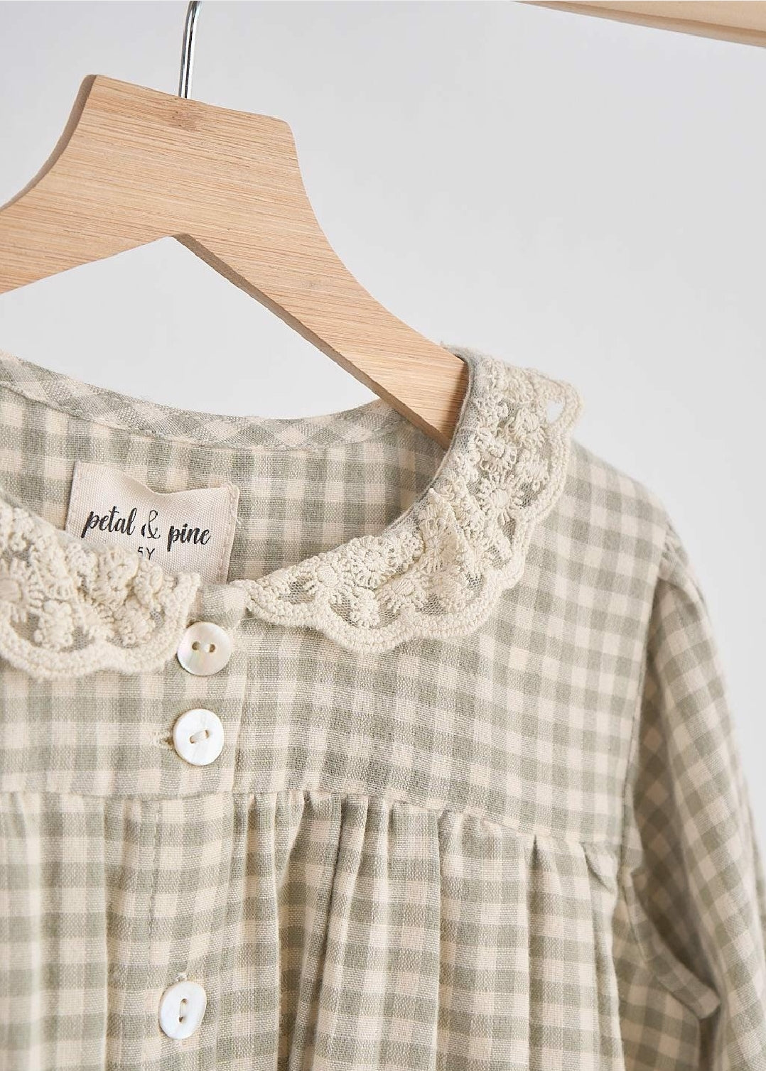 Girl's Boutique Green Plaid Linen Button Down Checkered Flannel Lace Dress Matching Sibling
